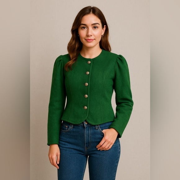 Vintage Perry Landhaus Wool Trachten Blazer Green Peasant Jacket Size 40 / US 12 - Picture 1 of 15